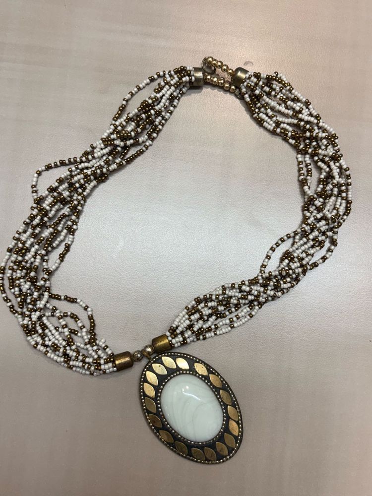 Boho Beaded Necklace with Oval Pendant