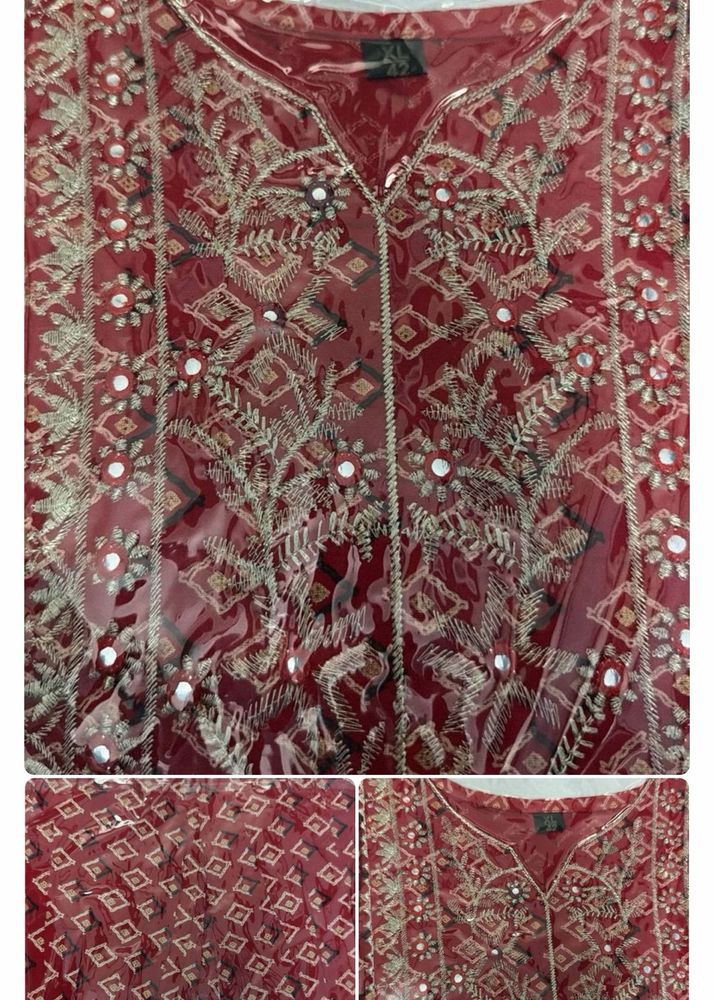 Embroidered red frock short Kurta  with combo of g