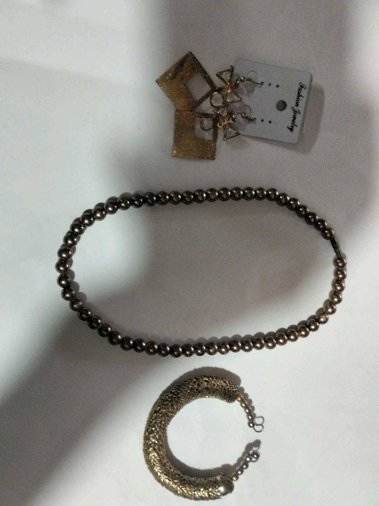 Bracelet, Necklace And Earrings Golden