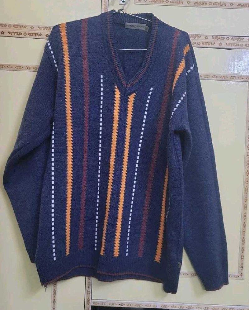 Men's Blue Striped V-Neck Sweater