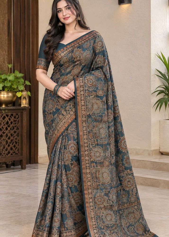 Elegant Teal Floral Print Saree