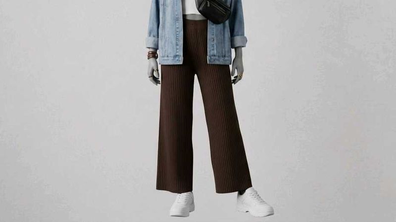 chocolate brown ribbed knit wide-leg pants.