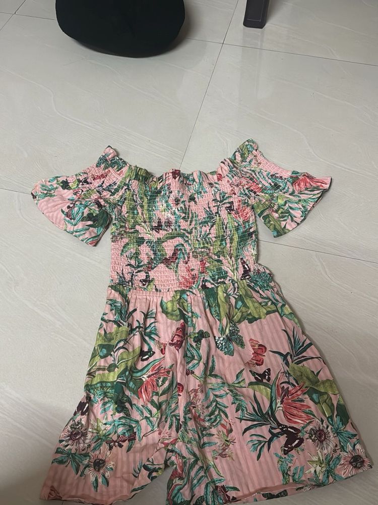 Off-Shoulder Tropical Print Jumpsuit