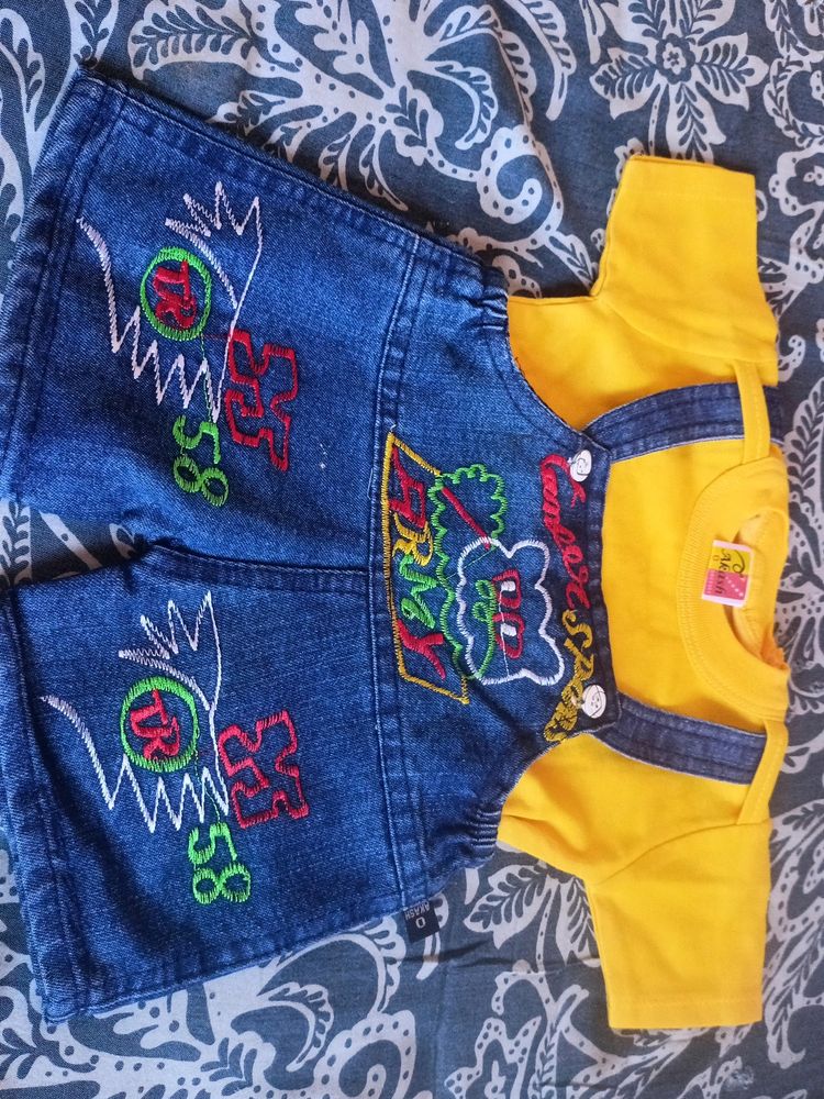 denim dungree set with bright yellow tshirt for babies ...soft fabric, unused for baby girl or boy