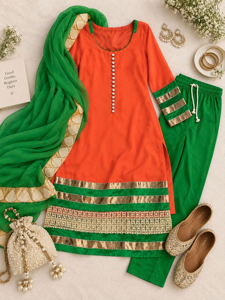 🧡💚Orange &amp; Green Kurti Set