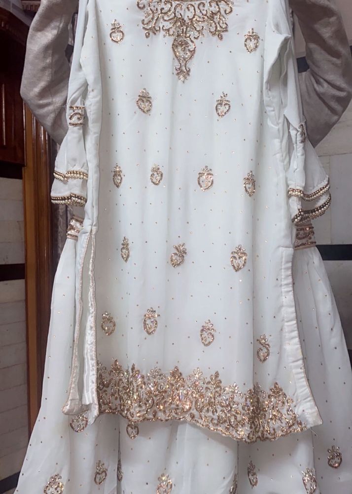 Elegant White &amp; Gold Embellished gharara