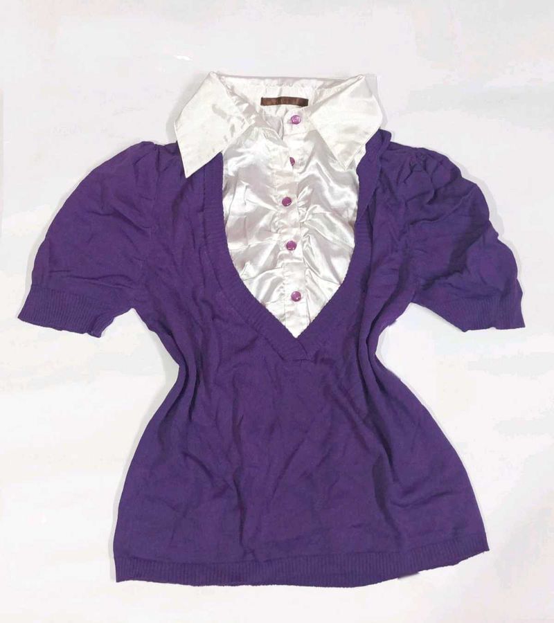 Rakhi Sale: Purple V-Neck Knit Top + white collar