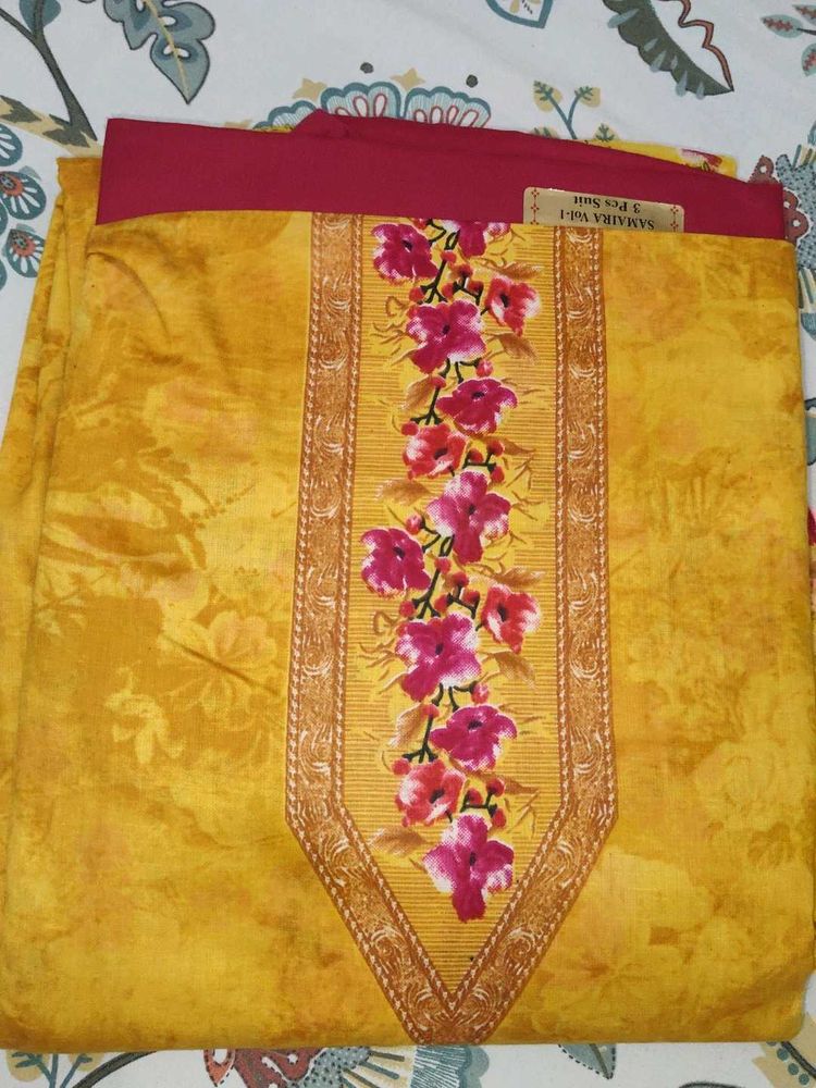 Yellow floral unstitched salwar kameez suit