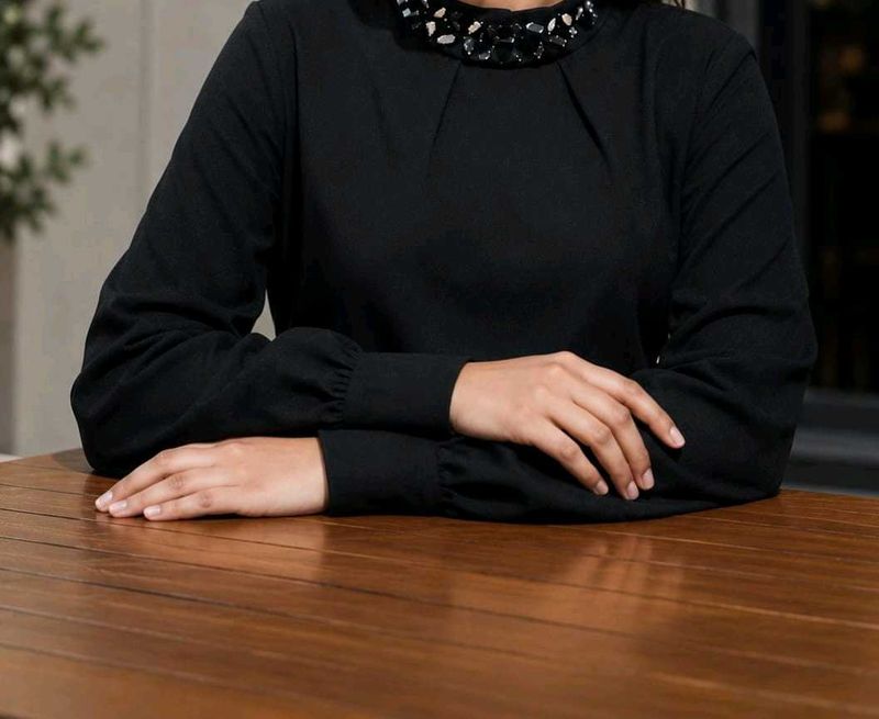 Chic Black Embellished Neck Top