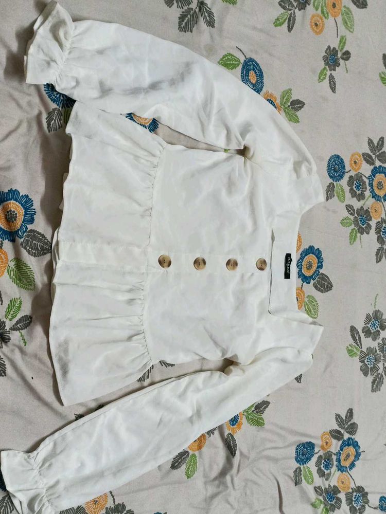 White Ruffle Sleeve Top with Buttons