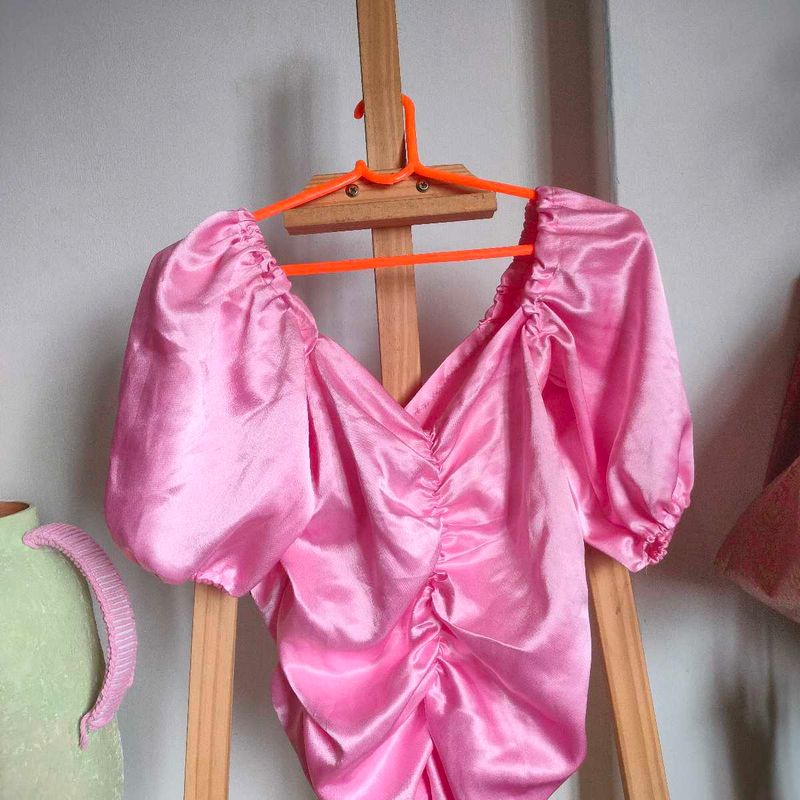 Pink Ruched Satin Puff Sleeve Top