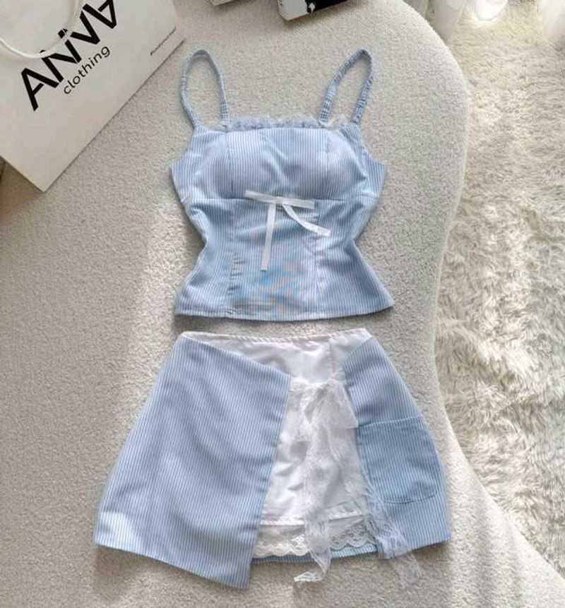y2k Cute Blue Striped Co-ord Set