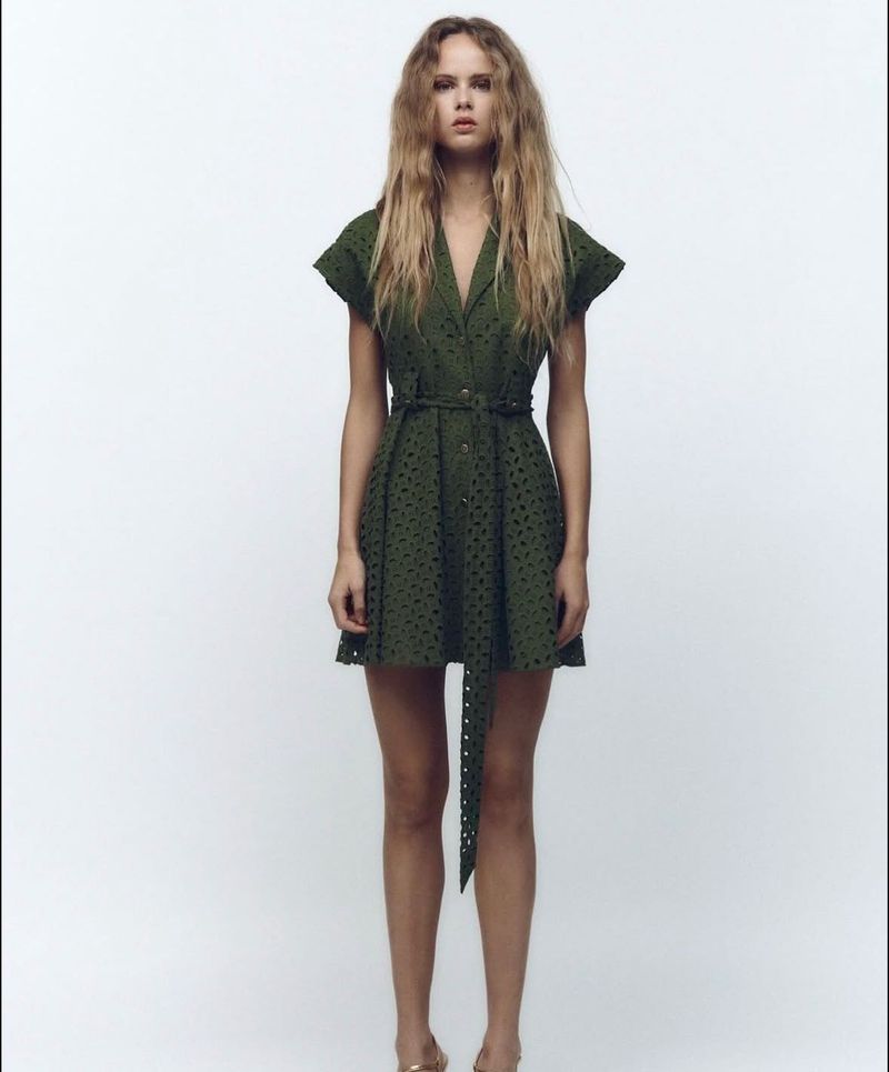Zara Chic Olive Green Eyelet Mini Dress