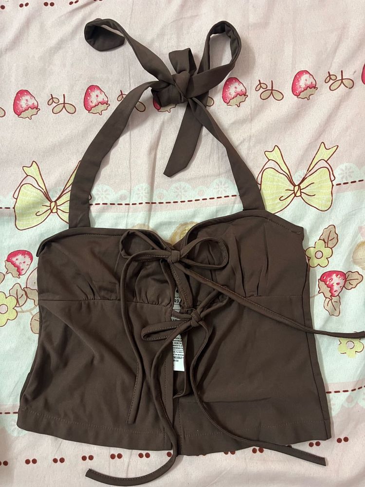 Brown Halterneck Tie-Front Top