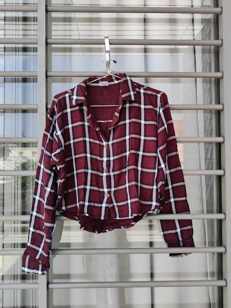 Maroon Plaid Cropped Shirt