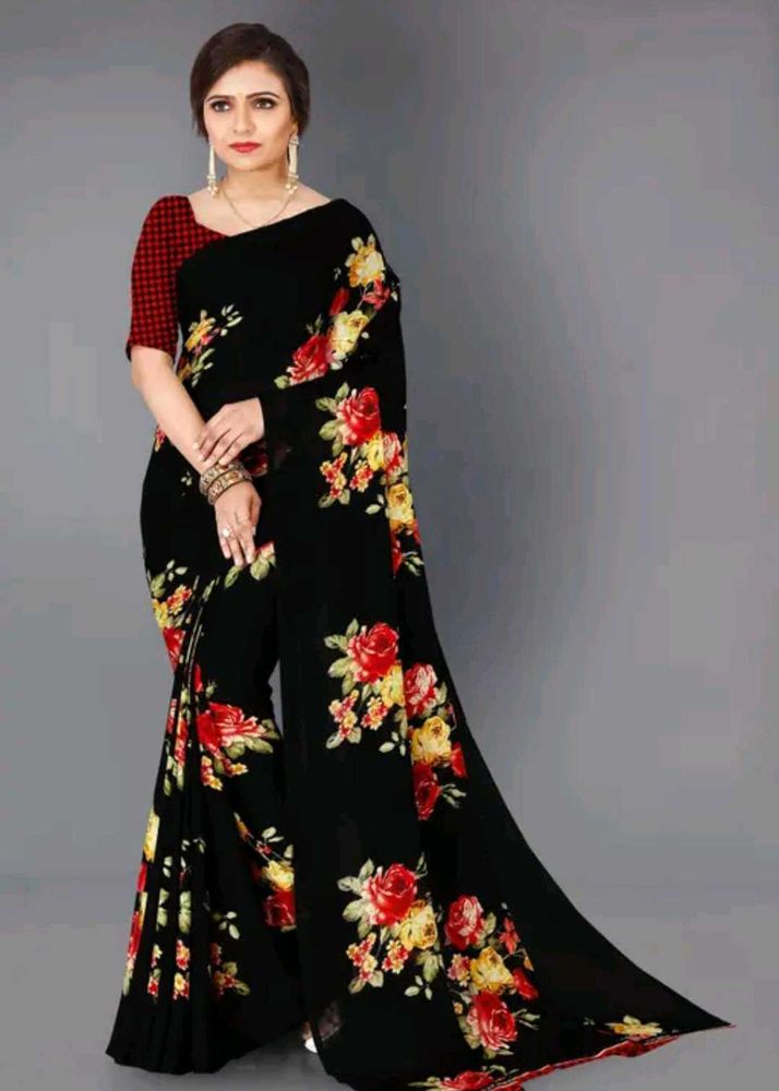 Beautiful Floral Chiffon Saree Black