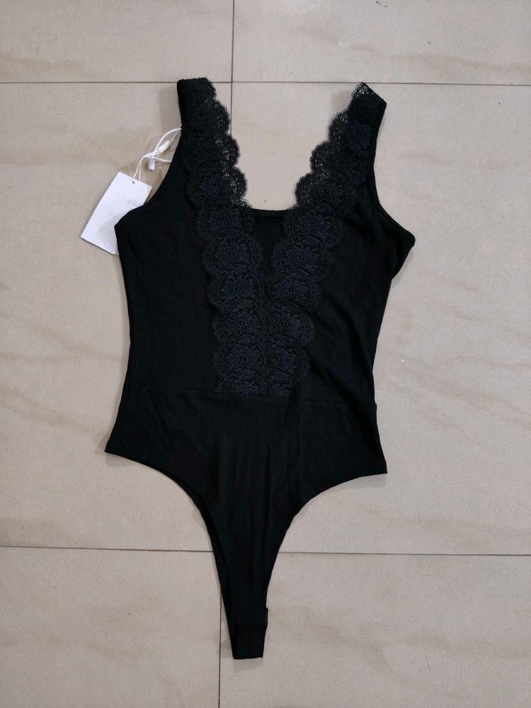 Black Lace Trim Bodysuit