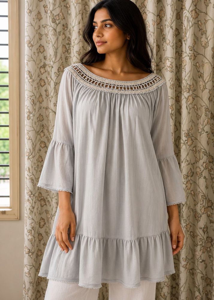 Long Grey Bell Sleeve Ruffled Tunic Top