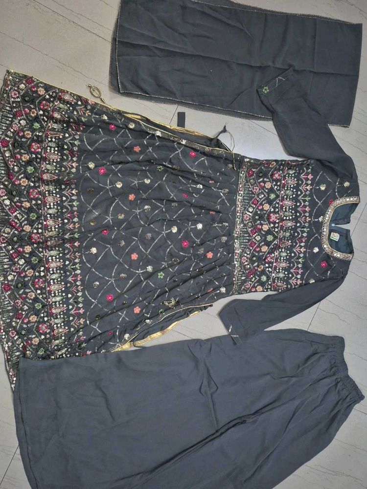 Dark Grey Designer Embroidered Kurta Set.