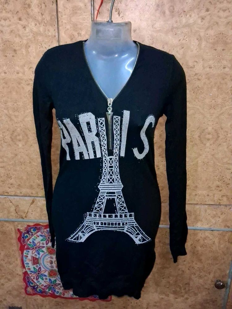 Black Eiffel Tower Graphic Zipper Top