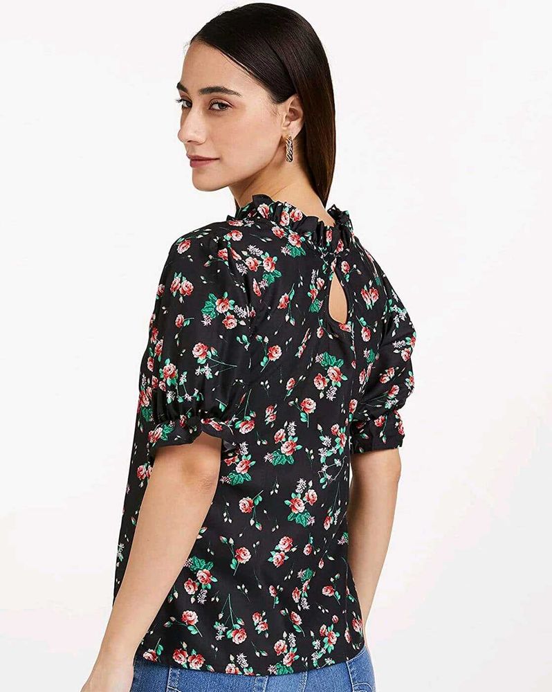 Black Floral Print High Neck Blouse