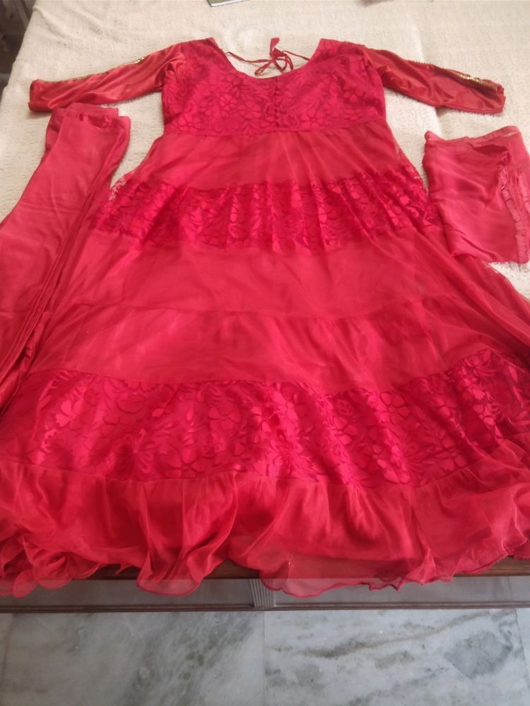 Tomato Red Net Anarkali Party Wear Gorgeous Suit (With Bottom+ Duppta)