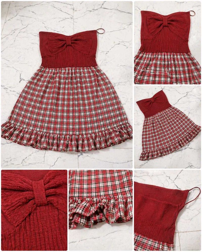 Cute Red Plaid Strapless Dress
