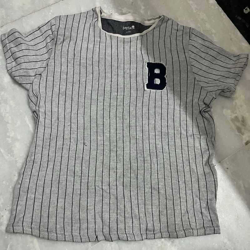 Gray Striped T-Shirt with 'B' Patch