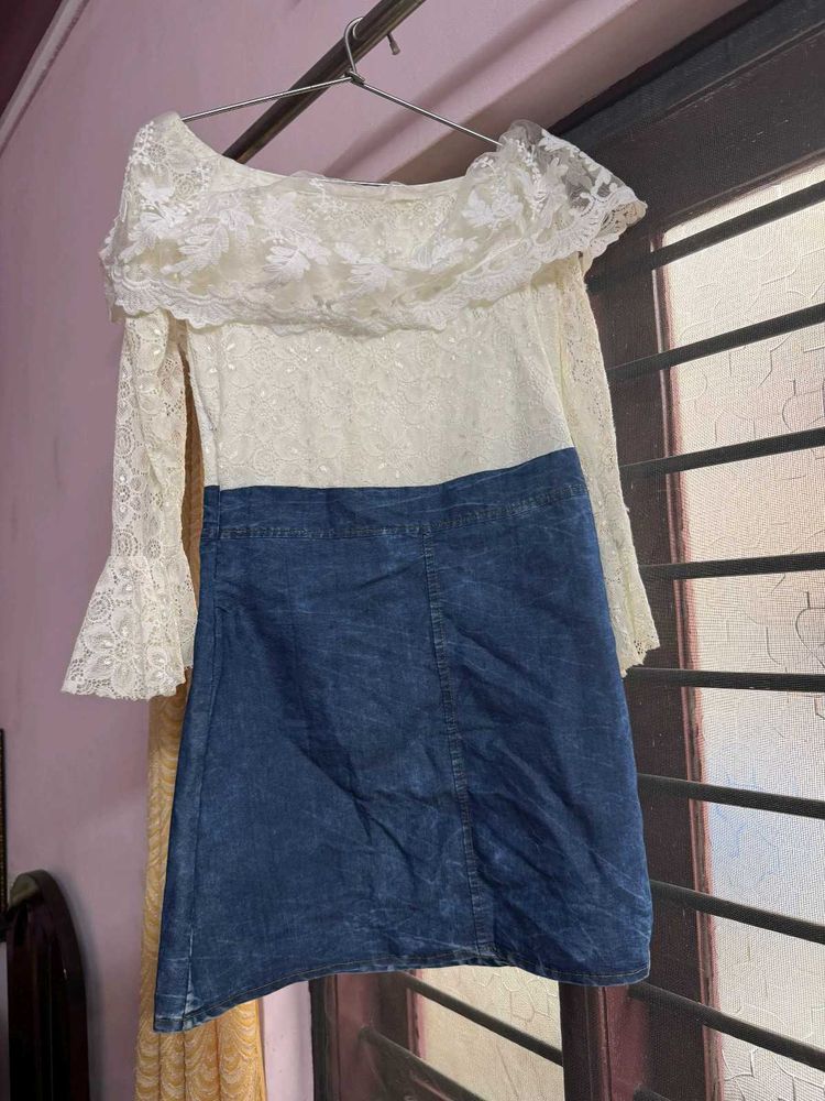 Off-Shoulder Lace Top with Denim Skirt