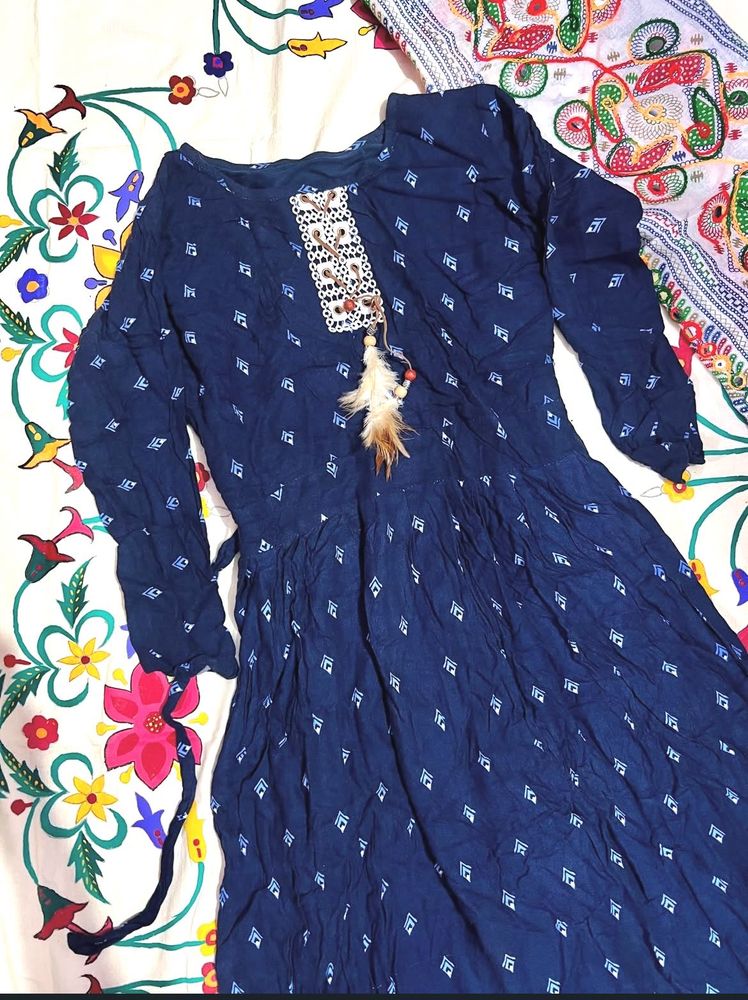 Bohemian Navy Blue Embroidered Kurta with Feather