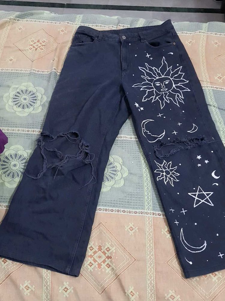 Women Black Jeans Hand-Painted Sun &amp; Moon
