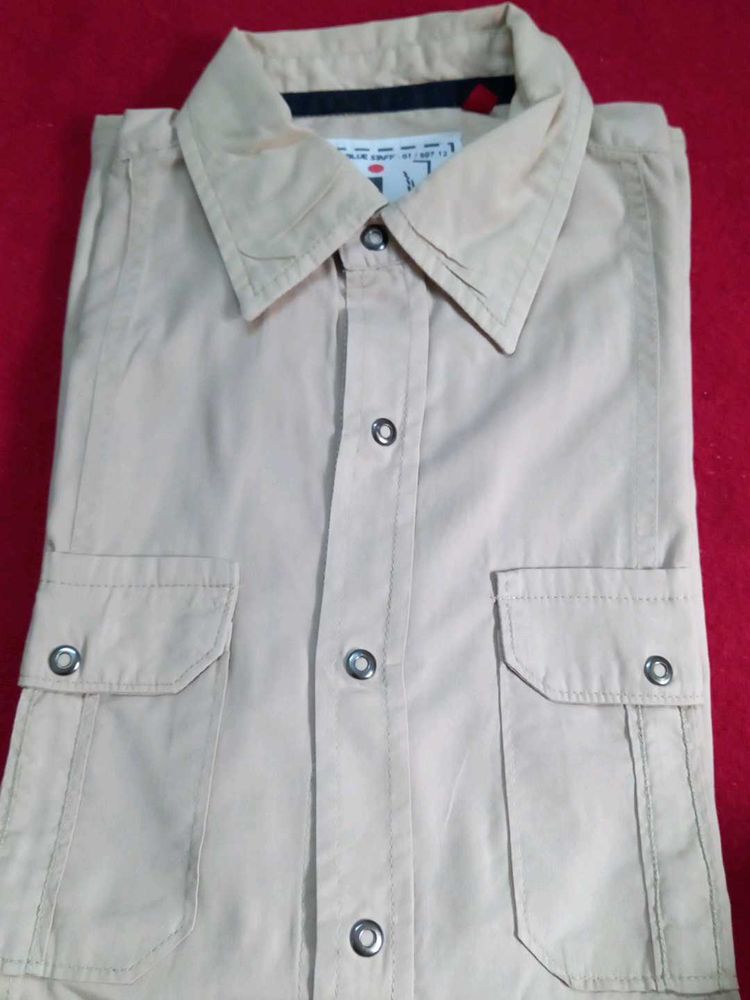 Men's Casual Beige Shirt chest pockets