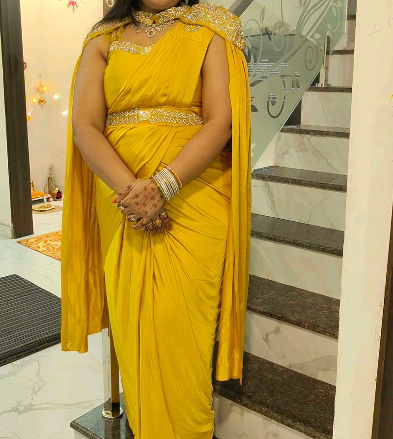 Elegant Yellow ready to wear saree with Cape