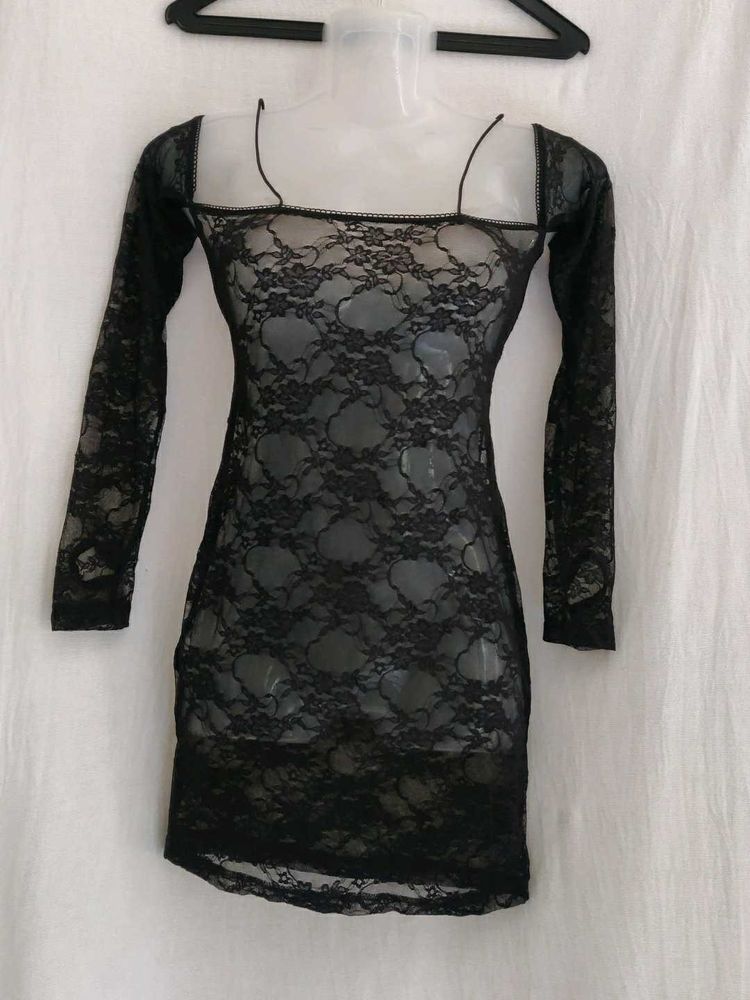 Shein Sheer Lace Black Mini Dress