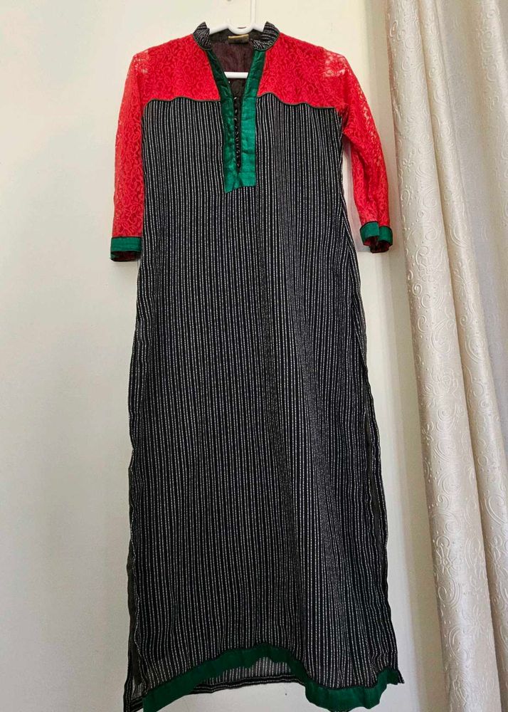 Red Lace &amp; Striped Kurti Dress