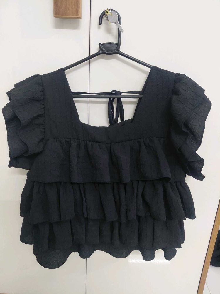 Chic Black Ruffle Square Neck Top