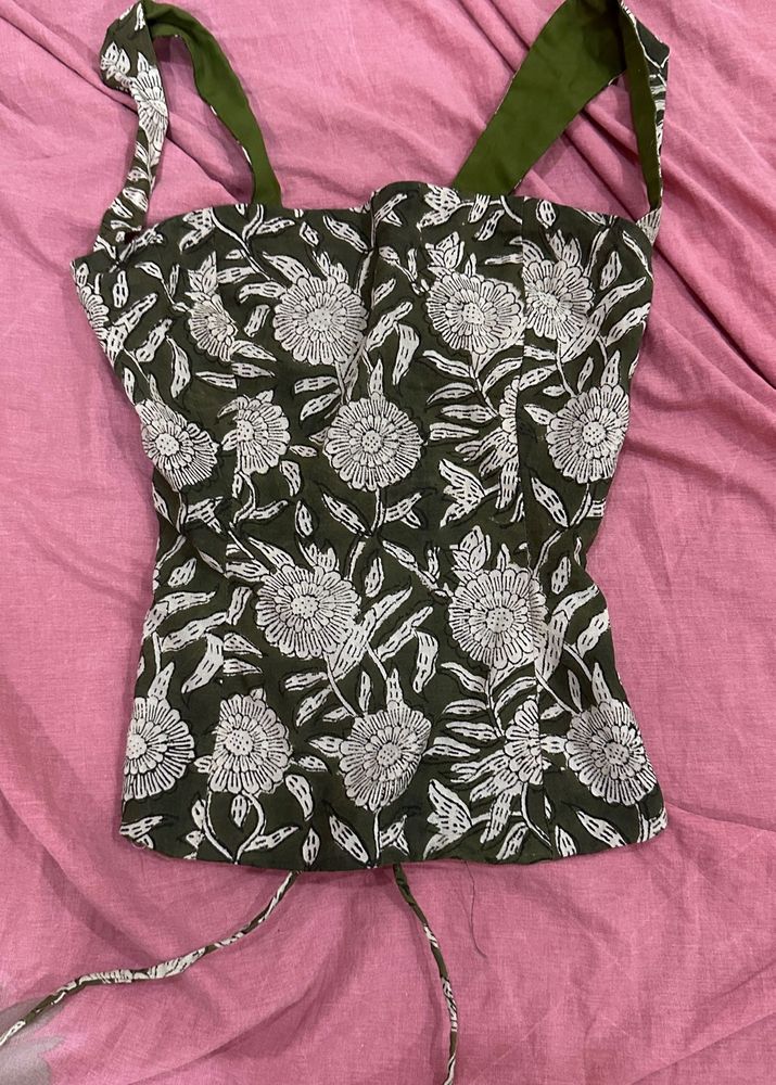 Green Floral Print Corset Top y2k
