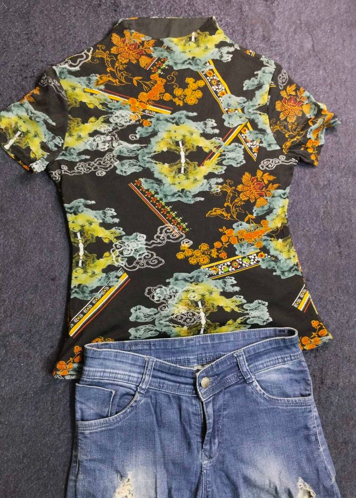 Sheer Floral Print Mock Neck Top