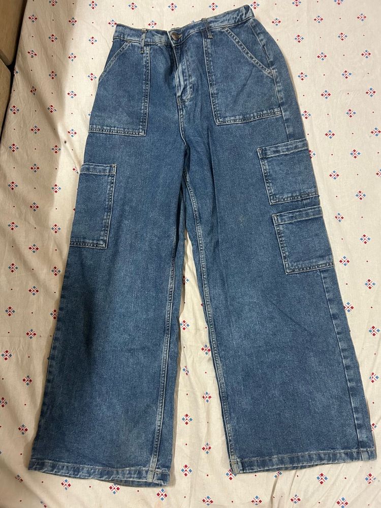 Wide Leg Acid wash Denim Cargo Pants