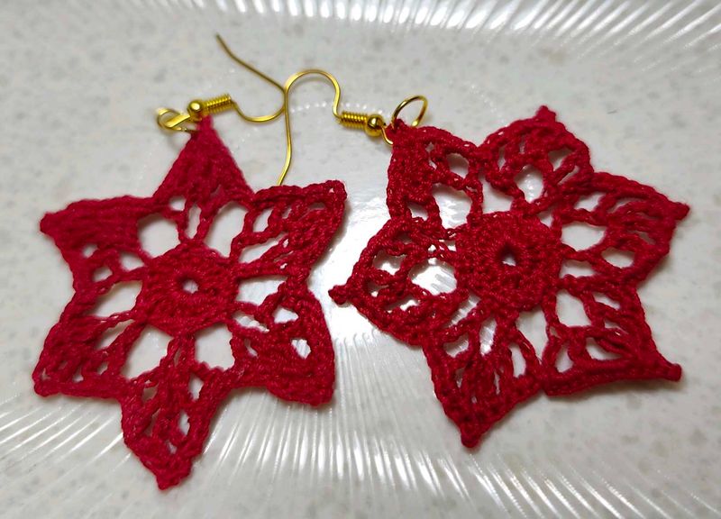 Handmade Red Crochet Star Earrings