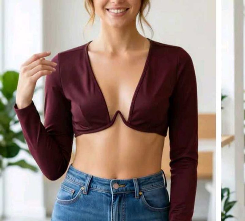 Maroon Plunge Neck Long Sleeve Crop Top