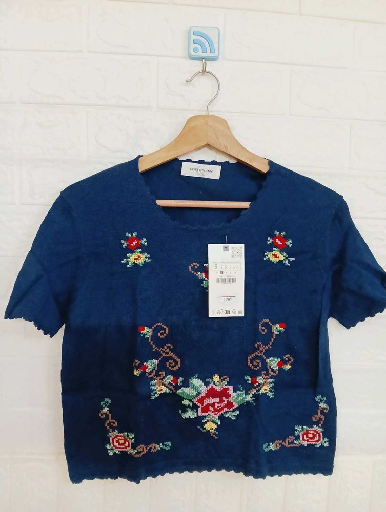 Blue Embroidered Crop Top