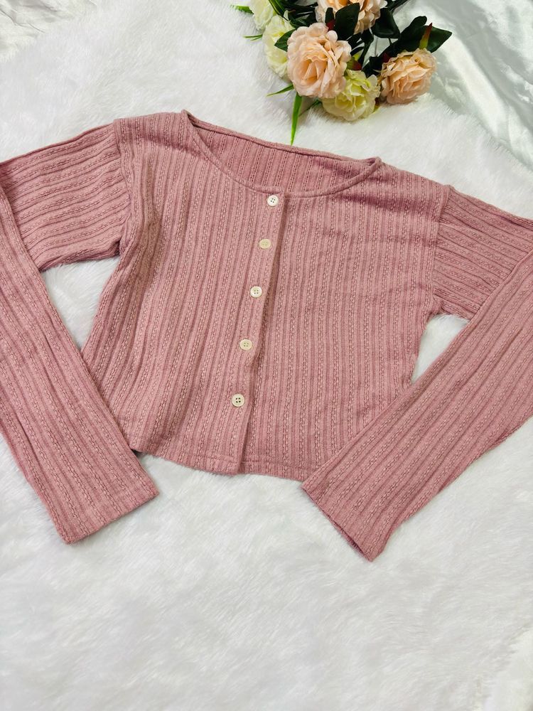 Cute Pink Ribbed Button-Up Cardigan