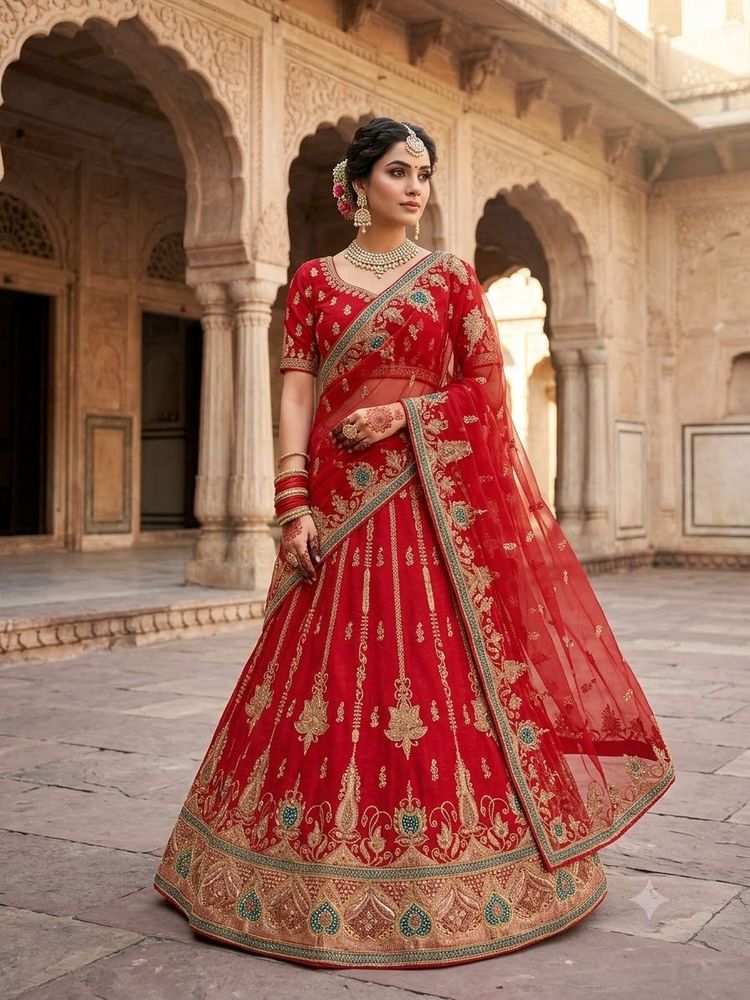 Red organza bridal lehnga with duppta