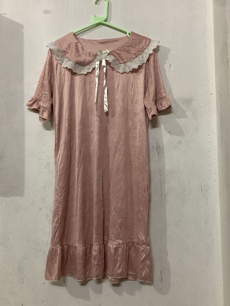 Pink Satin Nightgown with Lace Collar