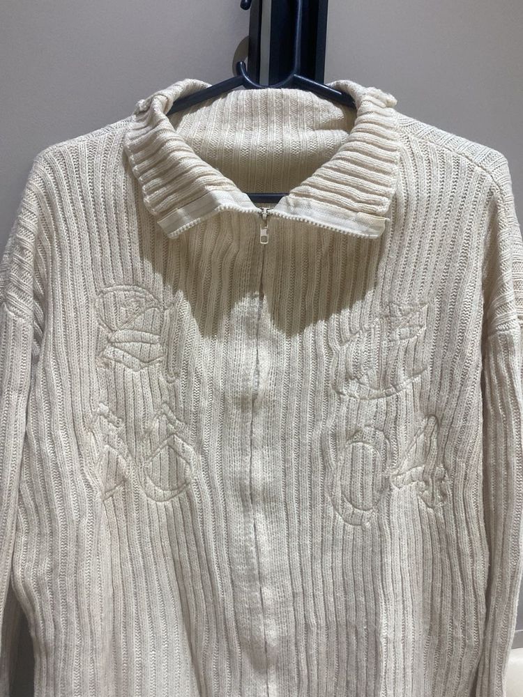 Cream Knit Zip-Up Sweater