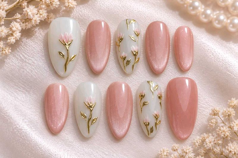 Handmade Elegant Cateye Floral Press-On Nails💅🩷