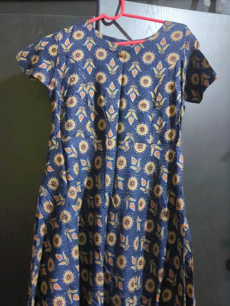 Blue And Gold Kurti With Flower Prints