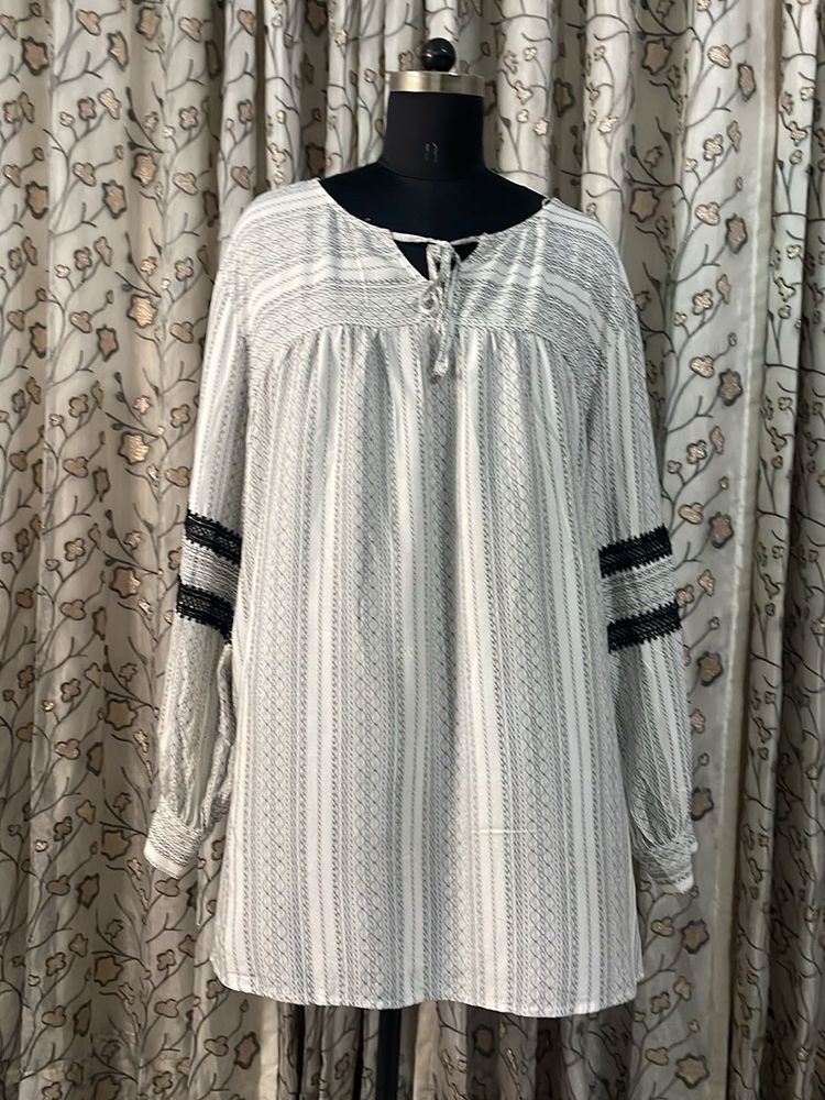 White &amp; Black Striped Kurta with Lace