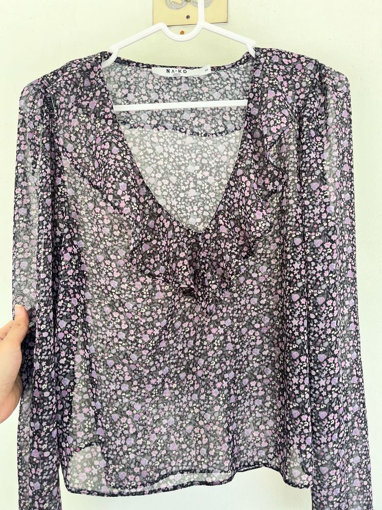NA-KD Floral Print Ruffle Blouse